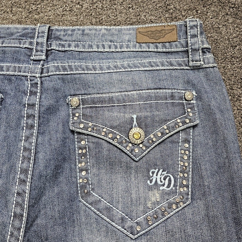 Y2K Harley Davidson Jeans Womens 14 Tall Boot Cut Embellished Medium Wash Flap - Picture 5 of 10